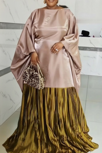 Champagne Casual Pleated Contrast O Neck Long Dresses