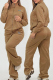 Brown Casual Letters Embroidered Zipper Collar Long Sleeve Two Pieces