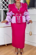 Rose Red Elegant Leaves With Belt Turndown Collar Plus Size Dresses