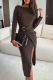 Coffee Sexy Solid Color Slit O Neck Wrapped Skirt Dresses