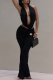 Black Sexy Solid Color Backless Halter Sleeveless Two Pieces
