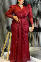 Red Elegant Solid Color Sequins V Neck Long Plus Size Dresses