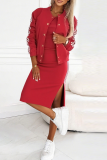 Red Casual Solid Color Slit O Neck Long Sleeve Two Pieces