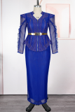 Deep Blue Elegant Solid Color Stringy Selvedge Mandarin Collar Long Plus Size Dresses