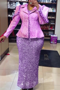 Purple Elegant Solid Color Sequins Turn-back Collar Plus Size Dresses
