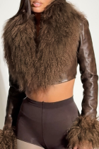 Brown Casual Solid Color Fringed Trim V Neck Outerwear