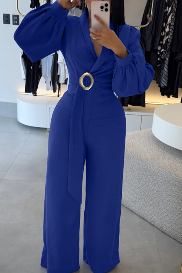 Blue Casual Solid Color Metal Accessories Trim Turndown Collar Loose Jumpsuits