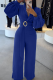 Blue Casual Solid Color Metal Accessories Trim Turndown Collar Loose Jumpsuits