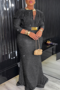 Black Elegant Solid Color Ruched V Neck Long Plus Size Dresses