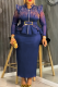 Blue Casual Solid Color Hot Drill Mandarin Collar Plus Size Two Pieces