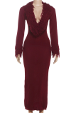 Burgundy Elegant Solid Color Patchwork Deep V Neck Long Dresses