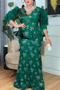 Green Elegant Leaves Contrast V Neck Long Plus Size Dresses