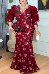 Red Elegant Leaves Contrast V Neck Long Plus Size Dresses