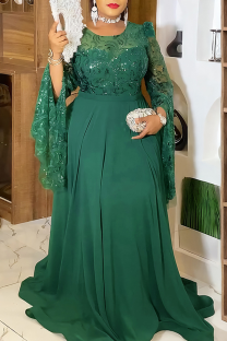 Green Elegant Solid Color Sequins O Neck Evening Plus Size Dresses