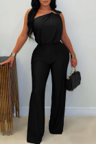 Black Casual Solid Color Patchwork Oblique Collar Regular Jumpsuits