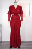 Champagne Elegant Solid Color Sequins V Neck Long Plus Size Dresses