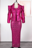 Champagne Elegant Solid Color Sequins Turn-back Collar Plus Size Dresses
