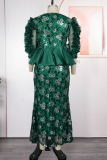 Champagne Elegant Leaves Contrast V Neck Long Plus Size Dresses