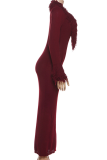 Burgundy Elegant Solid Color Patchwork Deep V Neck Long Dresses