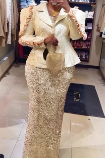 Champagne Elegant Solid Color Sequins Turn-back Collar Plus Size Dresses