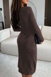 Coffee Sexy Solid Color Slit O Neck Wrapped Skirt Dresses