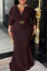 Red Elegant Solid Color Ruched V Neck Long Plus Size Dresses