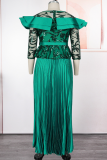 Green Elegant Solid Color Sequins Pleated O Neck Long Plus Size Dresses