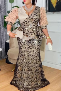 Champagne Elegant Leaves Contrast V Neck Long Plus Size Dresses