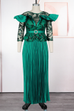 Green Elegant Solid Color Sequins Pleated O Neck Long Plus Size Dresses
