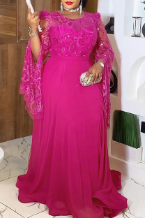 Rose Red Elegant Solid Color Sequins O Neck Evening Plus Size Dresses