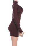 Burgundy Casual Solid Color Ruched O Neck Wrapped Skirt Dresses