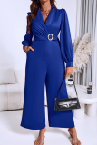 Rose Red Casual Solid Color Metal Accessories Trim Turndown Collar Loose Jumpsuits