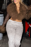 Brown Casual Solid Color Fringed Trim V Neck Outerwear