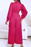 Rose Red Casual Solid Color Metal Accessories Trim Turndown Collar Loose Jumpsuits