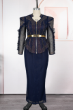 Deep Blue Elegant Solid Color Stringy Selvedge Mandarin Collar Long Plus Size Dresses