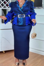 Deep Blue Elegant Leaves With Belt Turndown Collar Plus Size Dresses