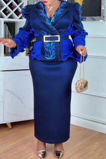 Deep Blue Elegant Leaves With Belt Turndown Collar Plus Size Dresses