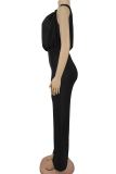 Coffee Casual Solid Color Patchwork Oblique Collar Regular Jumpsuits