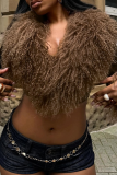 Brown Casual Solid Color Fringed Trim V Neck Outerwear