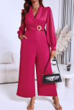 Rose Red Casual Solid Color Metal Accessories Trim Turndown Collar Loose Jumpsuits