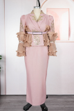 Rose Red Elegant Leaves With Belt Turndown Collar Plus Size Dresses