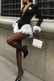 Black Sexy Solid Color Lace Contrast Turndown Collar Regular Rompers