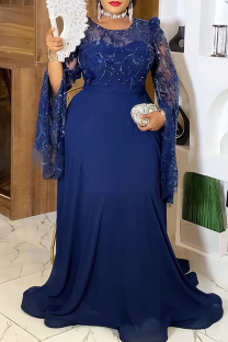 Deep Blue Elegant Solid Color Sequins O Neck Evening Plus Size Dresses