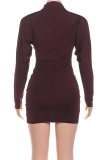 Burgundy Casual Solid Color Ruched O Neck Wrapped Skirt Dresses