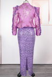 Champagne Elegant Solid Color Sequins Turn-back Collar Plus Size Dresses