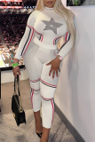 White Casual Sportswear Print Contrast O Neck Long Sleeve Two Pieces