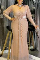 Champagne Elegant Solid Color Sequins V Neck Long Plus Size Dresses