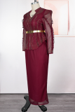 Deep Blue Elegant Solid Color Stringy Selvedge Mandarin Collar Long Plus Size Dresses
