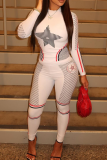 White Casual Sportswear Print Contrast O Neck Long Sleeve Two Pieces