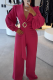 Rose Red Casual Solid Color Metal Accessories Trim Turndown Collar Loose Jumpsuits